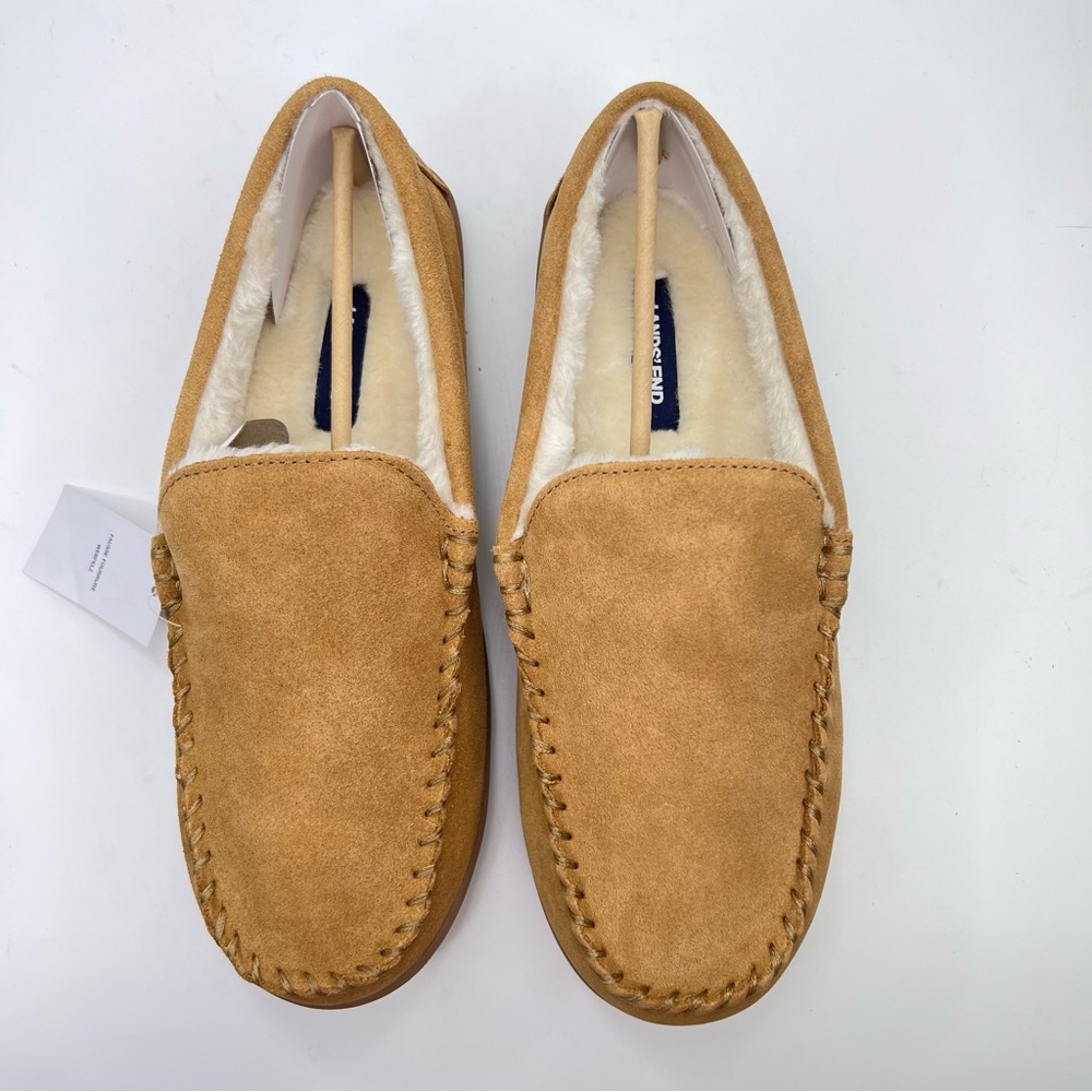 NWT Lands’ End Men’s English Tan Suede Leather Faux Fur Lined Moccasin Slippers - Picture 13 of 15